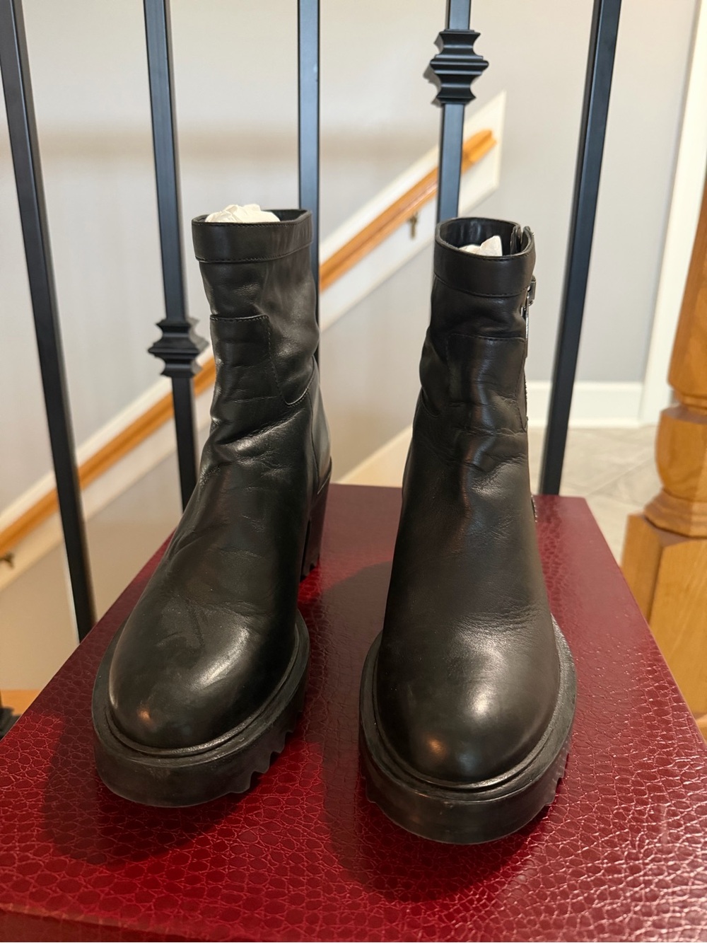 Tamara Mellon Stash Ankle 80. Black Leather Lug Sole Ankle Boots